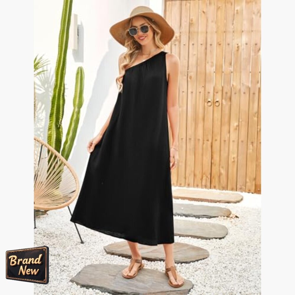 Linen Maxi Dress One Shoulder Sleeveless with Pockets Summer Casual - Picture 5 of 7